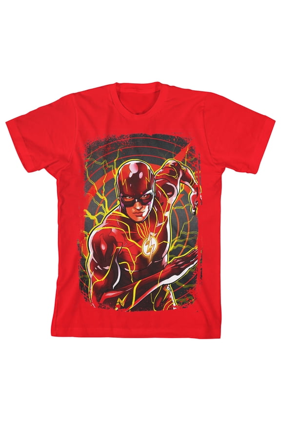 The Flash Movie Distressed Edges Character Key Art Crew Neck Short Sleeve Red Boy's T-shirt-XL