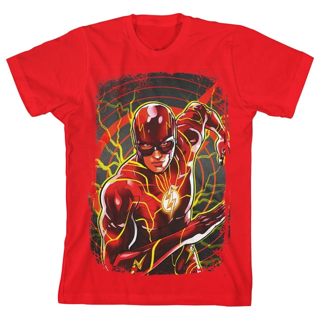 The Flash Movie Distressed Edges Character Key Art Crew Neck Short Sleeve Red Boy's T-shirt-XS