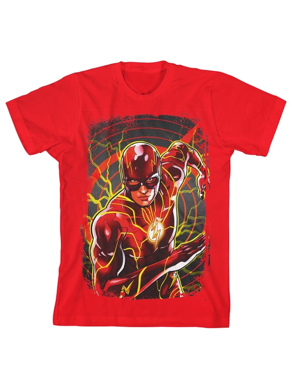 The Flash Movie Distressed Edges Character Key Art Crew Neck Short Sleeve Red Boy's T-shirt-XS