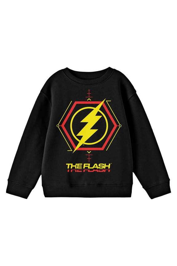 The Flash Movie Hexagon Thunderbolt Logo Crew Neck Long Sleeve Youth Black Sweatshirt-XS