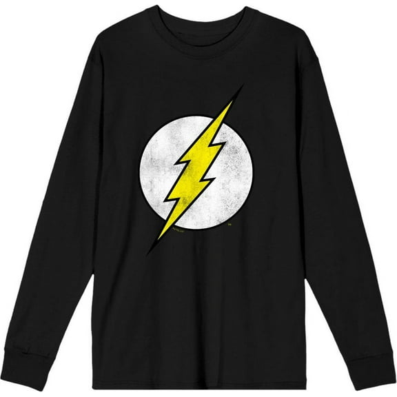 The Flash Thunderbolt Logo Adult Black Crew Neck Long Sleeve Tee-XL