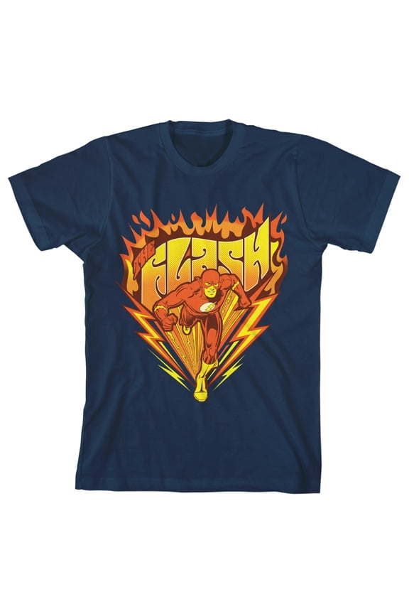 The Flash Vintage Lightning and Flame Youth Navy Blue Graphic Tee-L