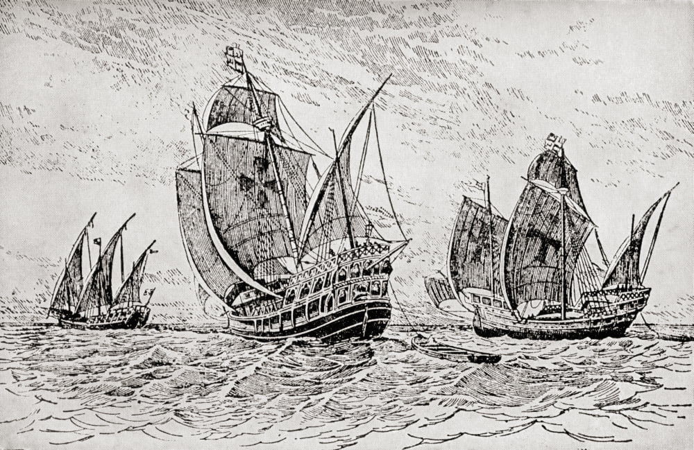 The Fleet Of Columbus The Santa Maria The Pinta And The Ni Canvas Art - Ken Welsh Design Pics (18 x 11)