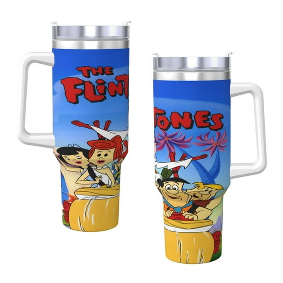 The Flintstones 40 Oz Tumbler With Handle And Straw Double Wall Stainless Steel Sublimation Tumbler With Handle Leakproof,Bpa-Free,Keep Cold Hours