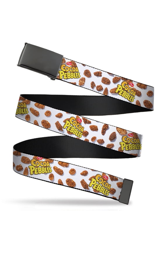 Adjustable Belt, Clamp Buckle, Cut-to-Fit, Post Cocoa Pebbles Logo and Cereal Scattered White Browns