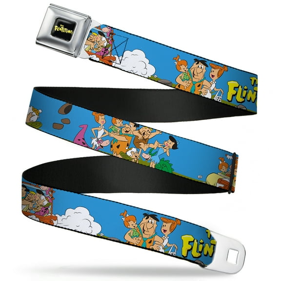 The Flintstones Belt, Seatbelt Buckle Belt, The Flintstones And Rubbles Group Pose Logo Blue, 30 to 44 Inches