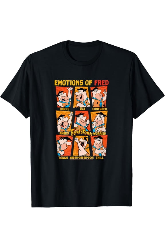 The Flintstones Emotions Of Fred Flintstone Box-Up Grid T-Shirt Cotton Short Sleeve Crew Neck Soft T-shirt