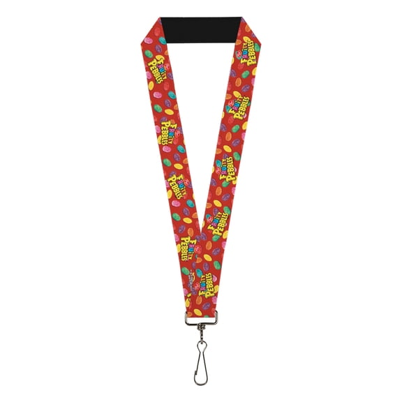 The Flintstones Lanyard, Post Fruity Pebbles Logo and Cereal Scattered Red Multi Color, Elastic