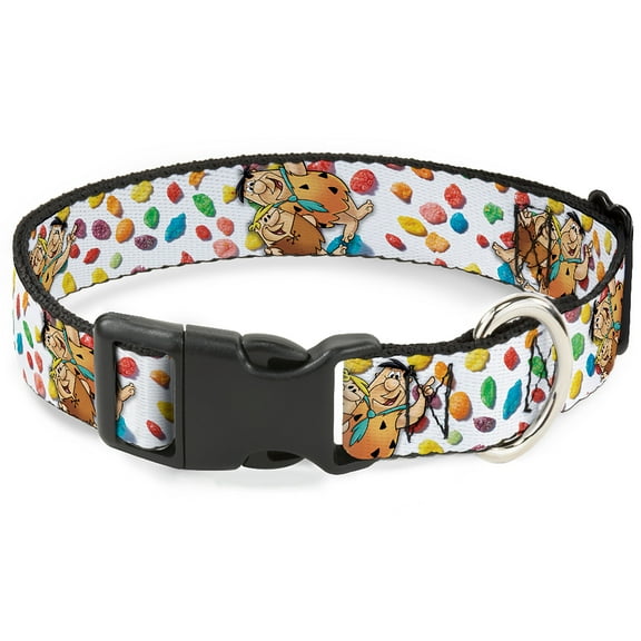 The Flintstones Pet Collar, Dog Collar Plastic Buckle, Fruity Pebbles Fred and Barney Pose and Cereal Pebbles White, 7 to 8.5 Inches 0.5 Inch Wide