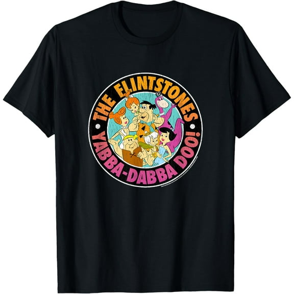The Flintstones Yabba Dabba Doo! Family Portrait Distressed T-Shirt Cotton Short Sleeve Crew Neck Soft T-shirt