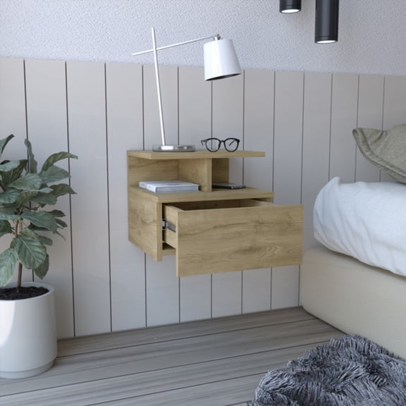 The Floating Nightstand Flopini with One Drawer in Macadamia Finish, Versatile Home Furniture with Organized Storage Shelf