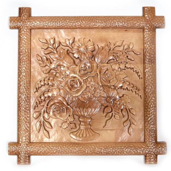 The Flower Bouquet Ukrainian Beech Wood Carved Plaque 16 Inches