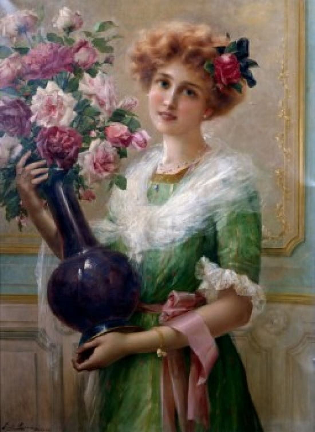 The Flower Girl by Emile Vernon (1872-1919) Canvas Art - Emile Vernon (18 x 24)
