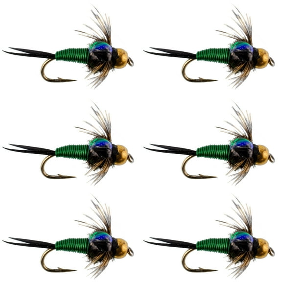 Bead Head Green Copper John Nymph Fly Fishing Flies - Set of 6 Flies Hook Size 18