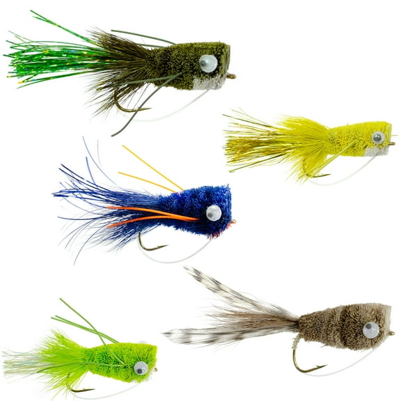 The Fly Fishing Place Deer Hair Bass Bug Assortment - Fly Fishing Popper Flies - Set of 5 Flies Hook Sizes 6 and 8