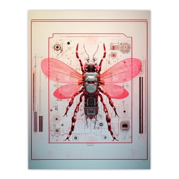 The Fly Spy Robot Hybrid Schematic Blueprint Futuristic Secret Complex Arcane Manuscript Gift For Him Man Cave Extra Large XL Wall Art Poster Print