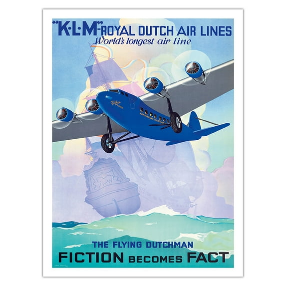 The Flying Dutchman Fiction becomes Fact KLM Royal Dutch Airlines - Vintage Airline Travel Poster by Jan Wijda c.1933 - Bamboo Fine Art 290gsm Paper (Unframed) 12x16in