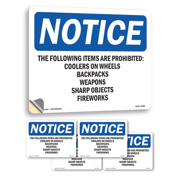 The Following Items Are Prohibited Coolers OSHA Notice Vinyl Decal Label 10 Inch x 7 Inch - 5 Pack