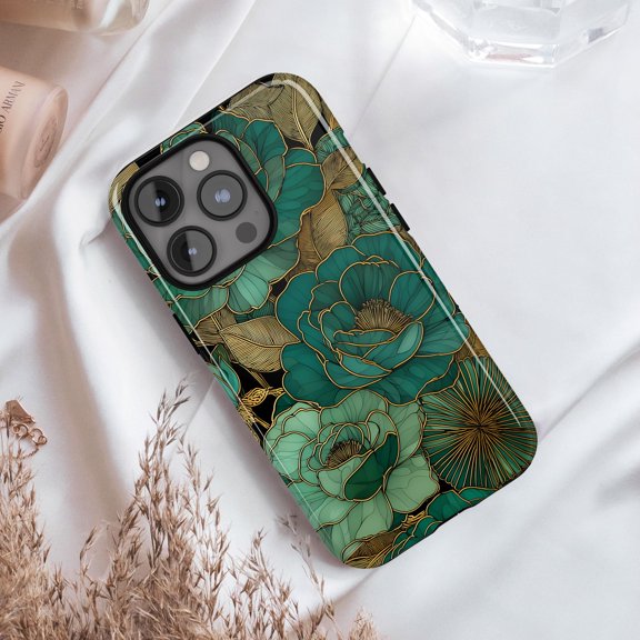 The Fontaine Phone Case, Green stained glass flowers, for iPhone 15 Pro