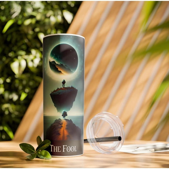 The Fool Tarot Card Black 20oz Skinny Tumbler with Straw