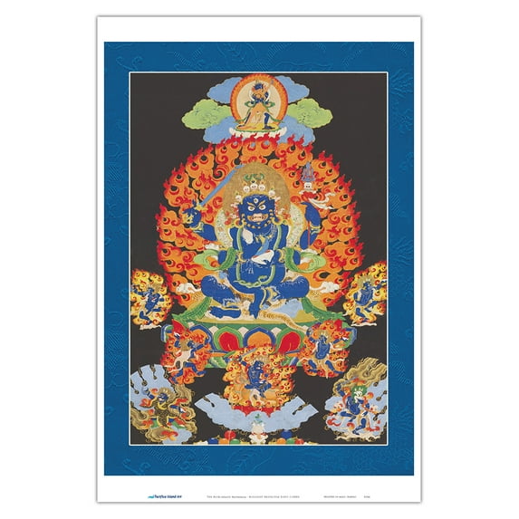 The Four-Armed Mahakala - Buddhist Protector Deity - Vintage Tibetan Thangka Buddhist Painting c.1800s - Master Art Print (Unframed) 12in x 18in
