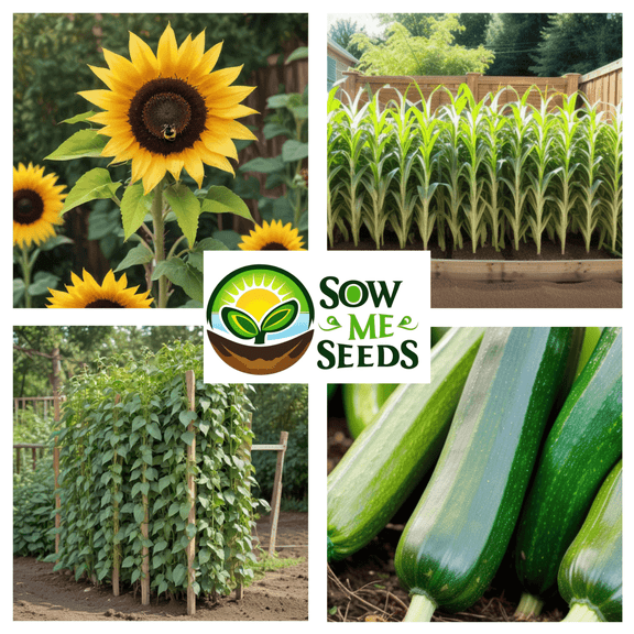 The Four Sisters Companion Planting Seed Pack Bundle Non-GMO Heirloom Golden Bantam 12 Sweet Corn, Black Beauty Zucchini, Blue Lake FM1K Pole Beans, and Lemon Queen Sunflowers