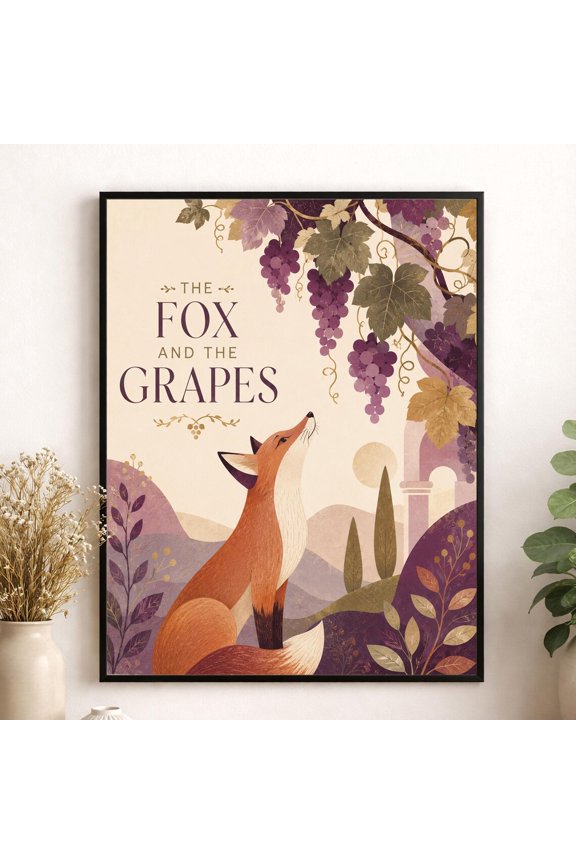 The Fox And The Grapes Nursery Wall Art Print Aesop'S Fable Home Decor Reading Room Literature Literary Illustration