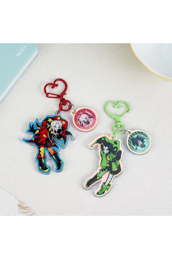 The Freak Circus Double Chain Acrylic Keychain, Pierrot & Harlequin Joker Heart Clasp Keyring, Double Sided Anime Fan Charm (1 keychain)