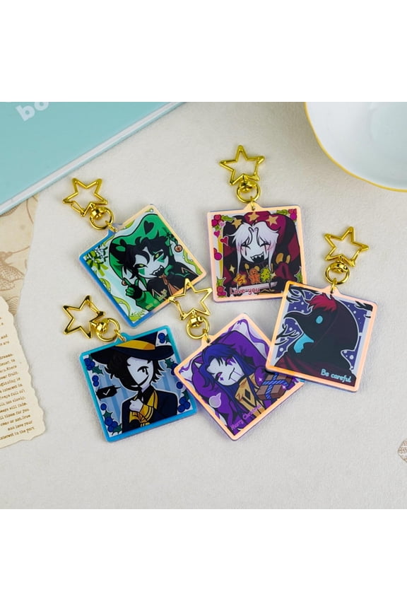 The Freak Circus Keychain , Pierrot Harlequin Jester Doctor Ticket Taker, Creepy Gothic Square Acrylic Keychains with Gold Star Clasp, random 1 pack