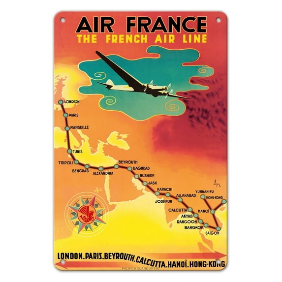 The French Air Line - London to Hong Kong - Dewoitine D.338 - Vintage Airline Travel Poster by N. Gérale c.1940 - 8 x 12 inch Vintage Metal Tin Sign