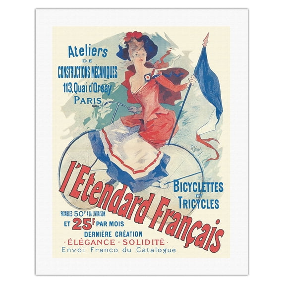 The French Standard (L'Etendard Francais) - Bicycles and Tricycles - Paris France - Vintage French Advertising Poster by Jules Chéret c.1891 - Fine Art Rolled Canvas Print 20in x 26in