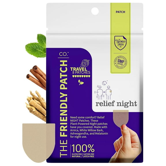 The Friendly Patch Relief Night, Pain Patches 8 Count, Arnica, Melatonin, Body Part that hurts, sleep Patches