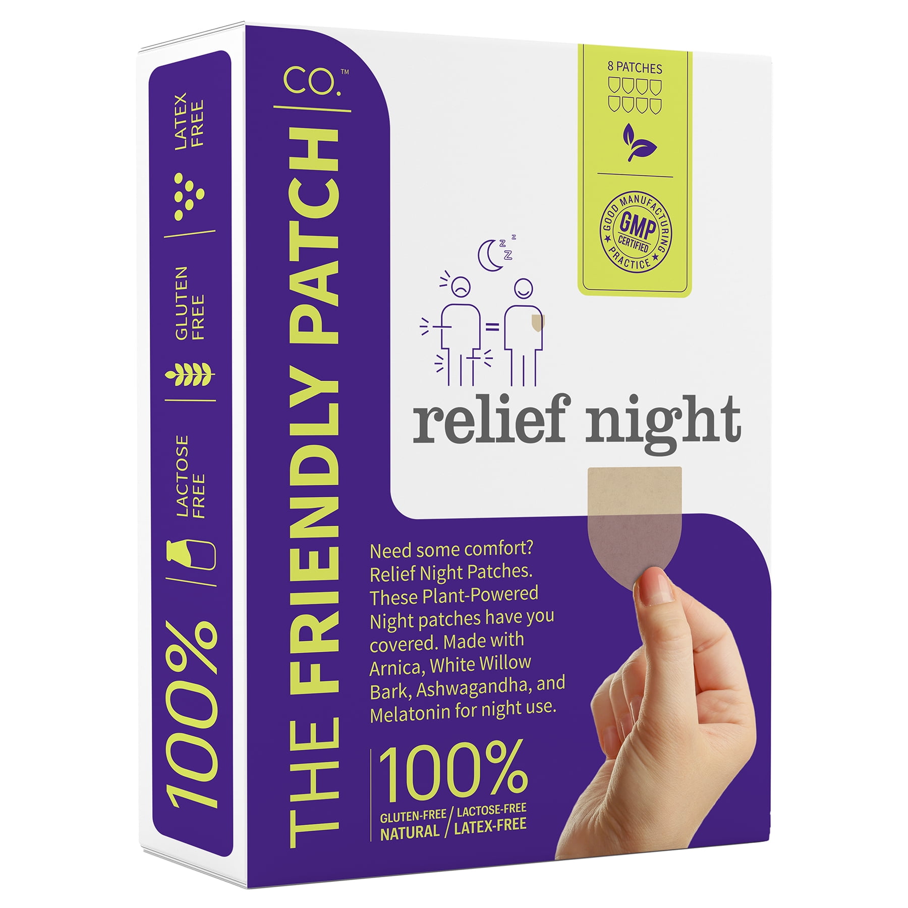 The Friendly Patch Relief Night, Pain Patches 8 Count, Arnica, Melatonin, Body Part that hurts, sleep Patches