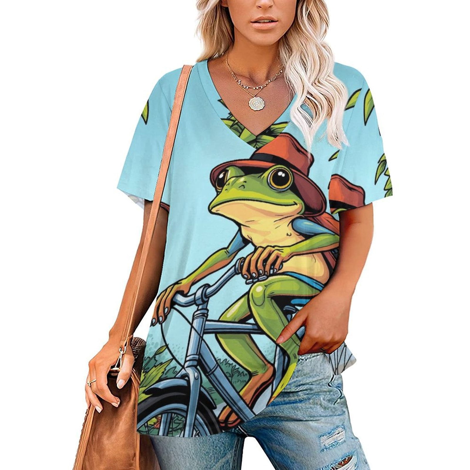 The Frog Riding A Bike V Neck Fashion Oversize T-Shirt Short Sleeve ...