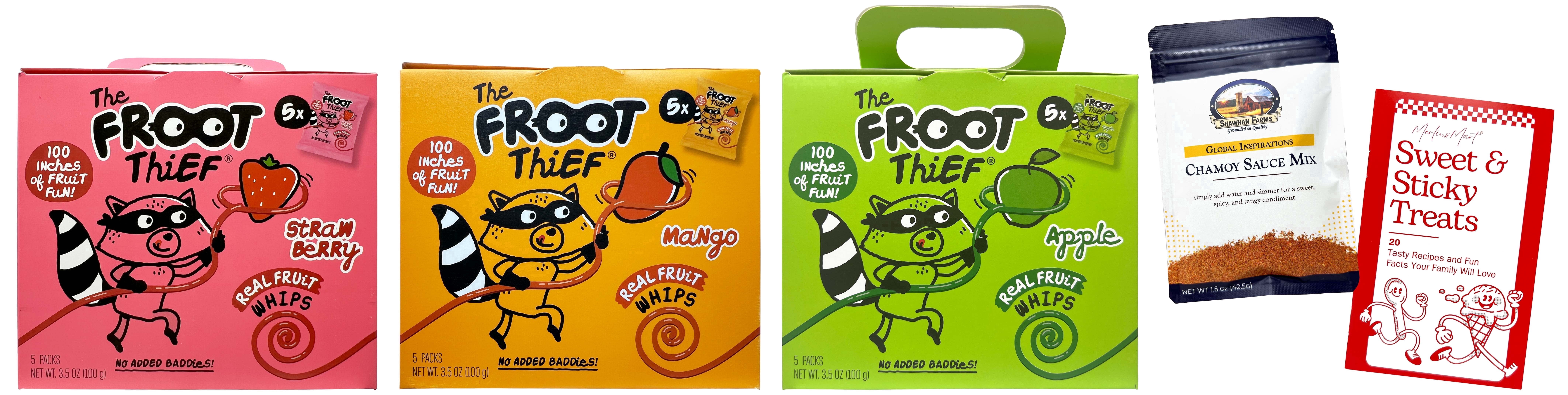 The Froot Thief Fruit Whips - 3 Flavors; 5 Each: Strawberry, Mango, Apple | Shawhan Farms Chamoy Mix & MerlinsMart Zine