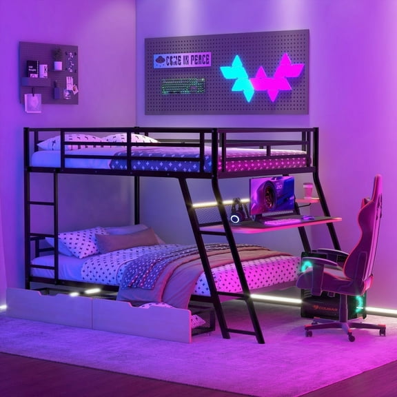 The Full Size Metal Bunk Bed Comes with Built-in Desk, Light & 2 Storage Drawers in Black