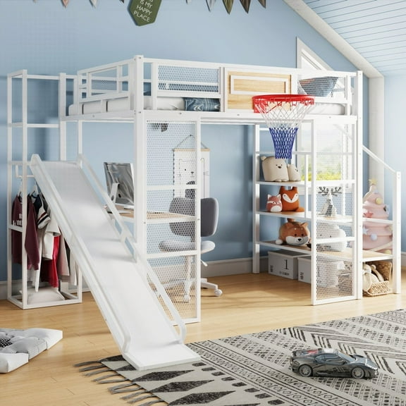 The Full Size Metal Loft Bed Comes with Built-in Desk, Open Wardrobe & Basketball Fun - White
