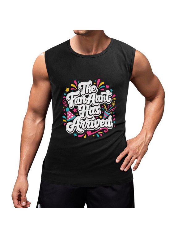 The Fun Aunt Has Arrived Men's Tank Tops - 100% Cotton Sleeveless Undershirts - Black Large