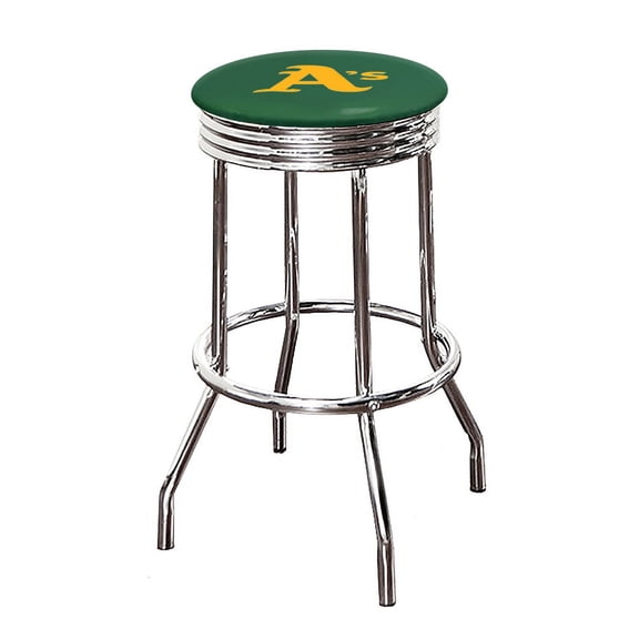The Furniture King Bar Stool 24" or 29" Tall Backless Chrome Metal Stool Featuring Your Favorite Baseball Team Logo on a Colored Vinyl Swivel Seat Cushion - A's on Green