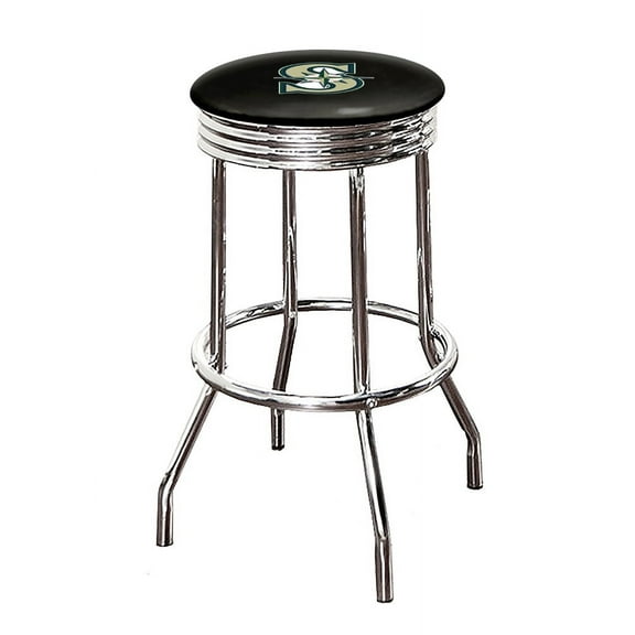 The Furniture King Bar Stool 24" or 29" Tall Backless Chrome Metal Stool Featuring Your Favorite Baseball Team Logo on a Colored Vinyl Swivel Seat Cushion - Mariners on Black