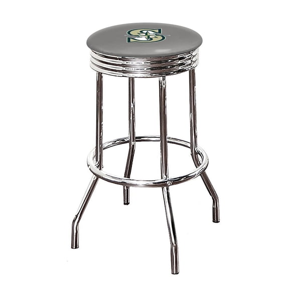 The Furniture King Bar Stool 24" or 29" Tall Backless Chrome Metal Stool Featuring Your Favorite Baseball Team Logo on a Colored Vinyl Swivel Seat Cushion - Mariners on Gray