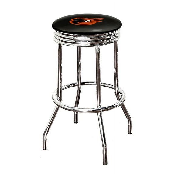 The Furniture King Bar Stool 24" or 29" Tall Backless Chrome Metal Stool Featuring Your Favorite Baseball Team Logo on a Colored Vinyl Swivel Seat Cushion - Orioles on Black