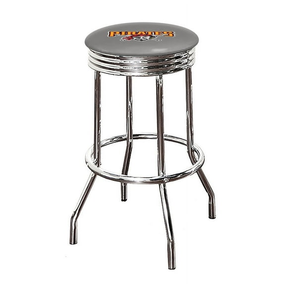 The Furniture King Bar Stool 24" or 29" Tall Backless Chrome Metal Stool Featuring Your Favorite Baseball Team Logo on a Colored Vinyl Swivel Seat Cushion - Pirates on Gray
