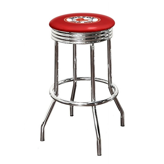 The Furniture King Bar Stool 24" or 29" Tall Backless Chrome Metal Stool Featuring Your Favorite Baseball Team Logo on a Colored Vinyl Swivel Seat Cushion - Red Sox on Red