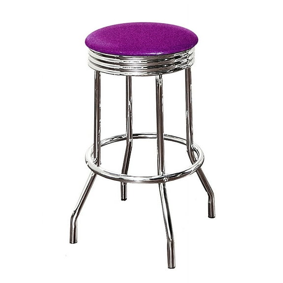 The Furniture King Bar Stool Retro Style 24" Tall Chrome Finish Soda Fountain Stool Featuring a Purple Glitter Vinyl Swivel Seat Cushion