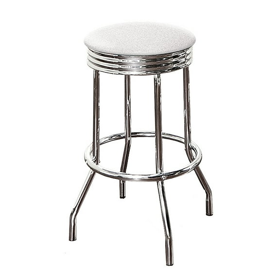 The Furniture King Bar Stool Retro Style 24" Tall Chrome Finish Soda Fountain Stool Featuring a White Glitter Vinyl Swivel Seat Cushion White Glitter