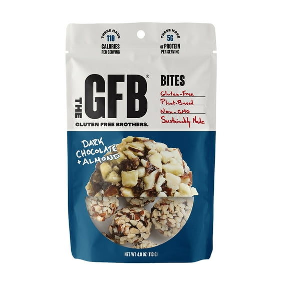 The Gluten Free Brothers GFB Dark Chocolate Almond Bites, 4 oz Bag, Plant Protein Snacks
