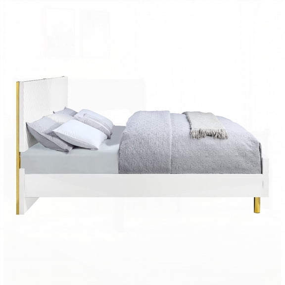 Queen Size High Gloss Finish Metal Platform Bed Frame with No Box Spring, White for Main Bedroom