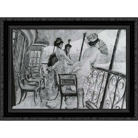 The Gallery of HMS Calcutta - A Memory of an on-board Ball' 24x20 Black Ornate Wood Framed Canvas Art by Tissot, James Jacques Joseph