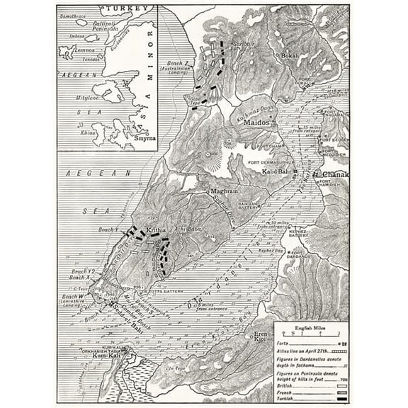 The Gallipoli Campaign Map Illustrating Operations of Allies Under Sir Ian Hamilton From the Landing on April 25 to May Poster Print, 12 x 17